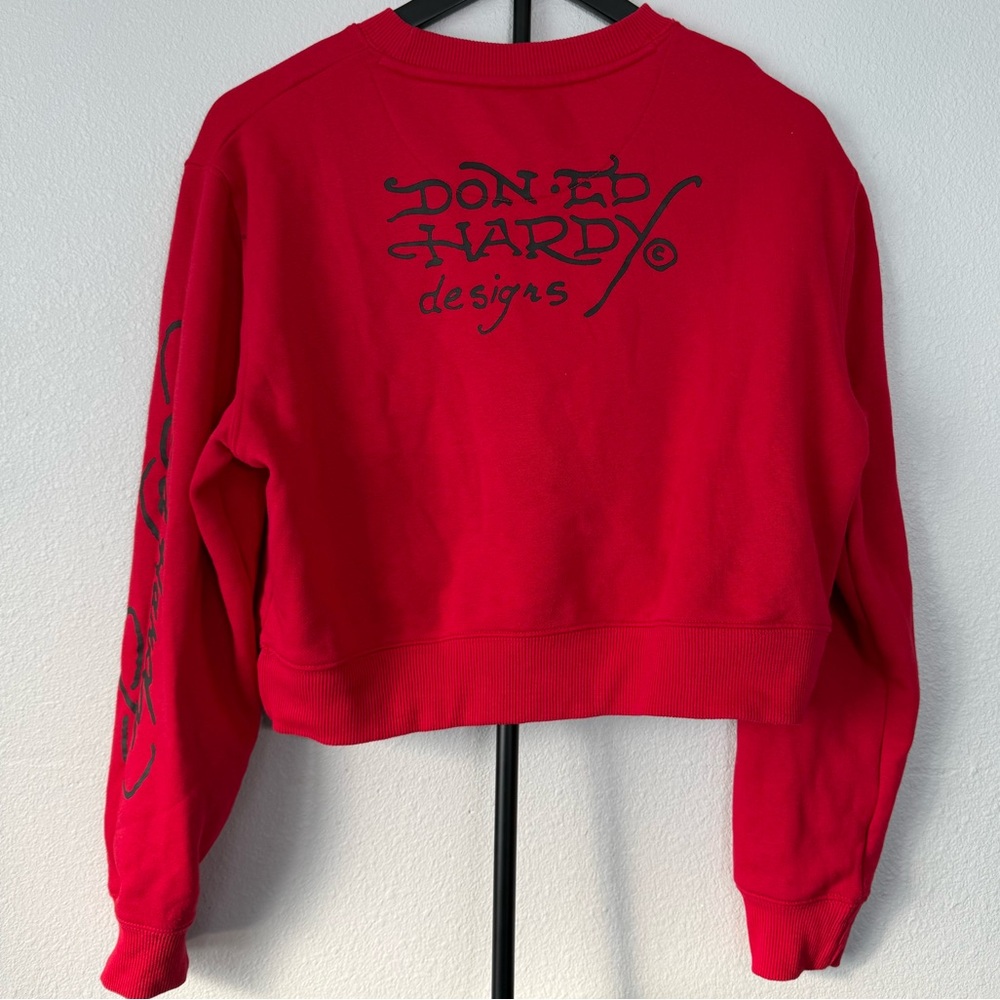 Ed Hardy Women's Red Cropped Graphic Sweatshirt Long Sleeve Casual Size M - Picture 4 of 11
